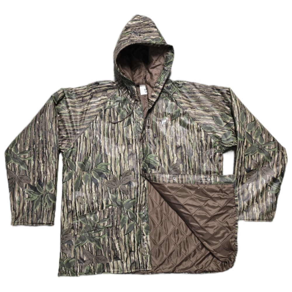 Vintage Real Tree 3D Camo 100% PVC Quilted Lined Nylon Hooded‎ Jacket Mens L